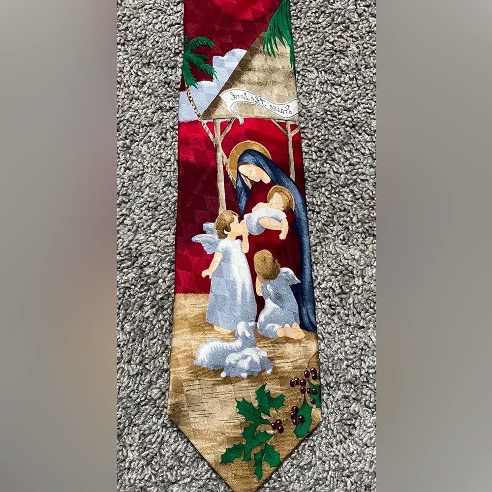 Hallmark Holiday Men's Traditions Christmas Tie Red w/Mary Baby Jesus and Angels